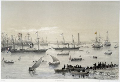 Entrada do Soberano no Canal do Suez no Porto Dito em "Inauguração do Canal do Suez por G. Nicole". 1869 de Edouard Riou