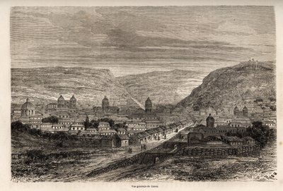 Vista geral de Cusco ou Cusco, antiga capital dos Incas, desenho de Riou, para ilustrar a viagem de Paul Marcoy pela América do Sul de 1848 a 1860. Gravura em "Le tour du monde", editado por Edouard Charton de Edouard Riou