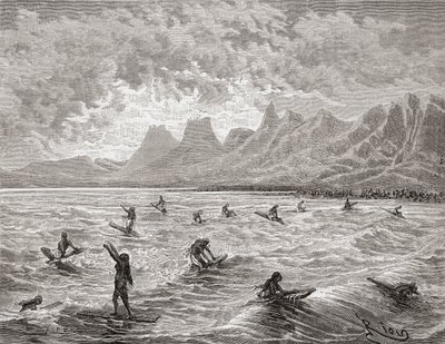 Havaianos surfando, ilustração de &39;O mundo nas mãos&39;, gravada por Charles Barbant (morto em 1922), publicada em 1878 (gravura) de Edouard Riou