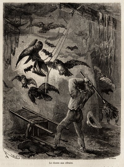 Caça às corujas refugiadas na igreja de Sarayacu (Peru), desenho de Riou, para ilustrar a viagem de Paul Marcoy do Oceano Pacífico ao Oceano Atlântico de 1848 a 1860. Gravura em "Le tour du monde", editado por Edouard Charton de Edouard Riou