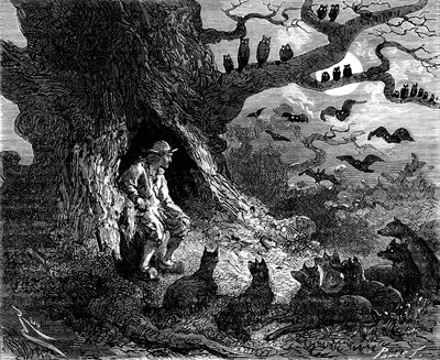 Ilustração para o romance “Le leader de loups” de Alexandre Dumas: Thibault parecia ser o centro de um círculo infernal, século XIX de Edouard Riou