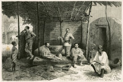 Instalação da missão em Nango, para uma estadia de 10 meses, com retratos de Gallieni e seus capitães Valliere e Pietri, Doutor Tautain, assim como seus intérpretes, guia e cantiniere. Gravura de Riou, baseada em um esboço do autor, para ilustrar de Edouard Riou