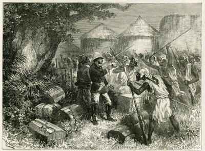 O Tenente Valliere defendeu-se dos habitantes de Sibi (ou Siby), uma aldeia Mandinga do Alto Níger (actualmente Mali), cujos habitantes ficaram muito perturbados com a chegada do destacamento de exploração. Gravado por Riou, com base num esboço feito pela de Edouard Riou