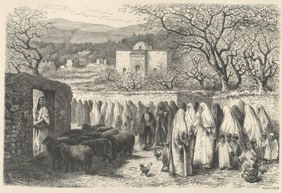 Marabuto e Procissão: Tlemcen, gravado por Henri Theophile Hildibrand (1824-97) de Edouard Riou