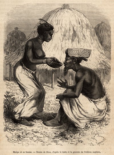 Matipa, um homem indígena que forneceu canoas para a equipe de Livingstone, foi servido bebendo por sua esposa, gravada após um desenho de Riou, ilustrando o último diário de David Livingstone (1813-1873), em 1866-1873, publicado em "Le tour du monde" 1875 de Edouard Riou
