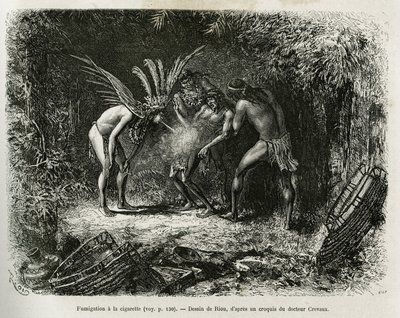 Fumigação médica com cigarros nos índios Roucouyan. Gravura de Riou, para ilustrar a história de Cayenne aux Andes, de Jules Crevaux, médico da marinha francesa, em 1878-1879, publicada no Tour du monde, sob a direção de Edouard Charton. de Edouard Riou