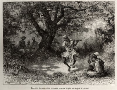 Conheça dois griots, o Capitão Binger, sentado à sombra, gosta do espectáculo. Gravado por Riou, para ilustrar a história "From Niger to the Gulf of Guinee" do Capitão Louis Gustave Binger (1856-1936), em 1887-1889, no Le tour du monde, nouveau journal des de Edouard Riou