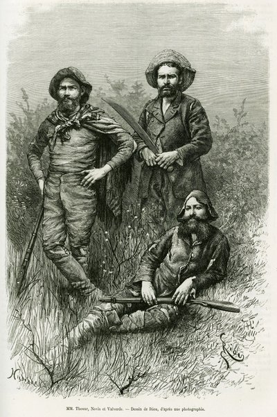 Membros da expedição: Sr. Thouar (alongamento), Sr. Novis (em pé à esquerda) e Sr. Valverde (em pé à direita). Gravado por Riou, para ilustrar a história Voyage dans le Chaco Boreal de Edouard Riou