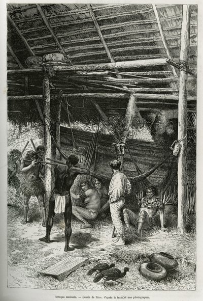 Ataque matinal na cabana do explorador por índios das margens da Amazônia. Gravado por Riou, para ilustrar a história de Cayenne aux Andes, por Jules Crevaux, médico da marinha francesa, em 1878-1879, publicado no Tour du monde, sob a direção de de Edouard Riou