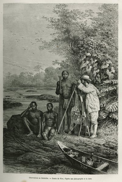 Observação no teodolito, Dr. Crevaux com seus instrumentos de medição e sua equipe de guias e carregadores, em sessão de trabalho completa, gravando depois de um desenho de Riou, para ilustrar a história De Cayenne aux Andes, de Jules Crevaux, médico da ma de Edouard Riou
