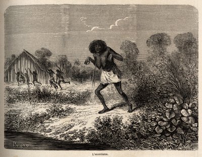 O pânico entre os índios Conibos, que fugiram à chegada da expedição de Paul Marcoy, perto de Tumbaya (Peru), ele próprio vítima de um encantamento maligno de um velho índio, desenhado por Riou para ilustrar a viagem, de 1848 a 1860, de P. Marcoy, a partir de Edouard Riou
