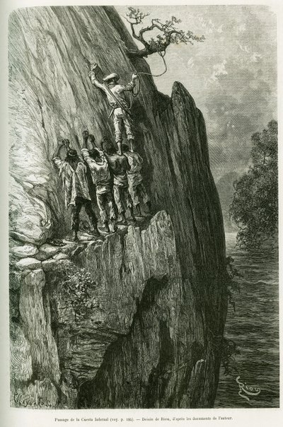 Passagem da Cuesta Infernal. Gravado por Riou, para ilustrar a história Voyage dans le delta du Pilcomayo et de Buenos Aires a Sucre de Edouard Riou