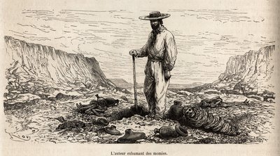 Paul Marcoy exumant des mummies Incas (Bas Peru), gravura de E.Riou ilustrando a viagem nas montanhas, o vale de Huarancalqui e as regiões do Pjonal, de 1862 a 1863, de Paul Marcoy, publicada em "Le tour du monde" 1875, editada por Edou de Edouard Riou