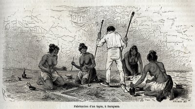 Paul Marcoy aprendeu a fazer um tapete com as viúvas de Sarayacu (Peru), desenho de Riou, para ilustrar a viagem de Paul Marcoy do Oceano Pacífico para o Oceano Atlântico de 1848 a 1860. Gravura em "Le tour du monde", editado por Edouard Charton de Edouard Riou