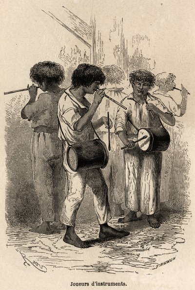 Tocadores de instrumentos musicais em Sarayacu (Peru), desenhados por Riou, para ilustrar a viagem de Paul Marcoy do Oceano Pacífico para o Oceano Atlântico de 1848 a 1860. Gravura em "Le tour du monde", editado por Edouard Charton de Edouard Riou