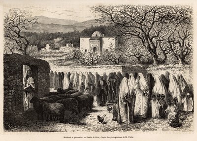 Procissão ao Marabout de Tlemcen (túmulo com cúpula de um homem venerado do Islão), gravada após um desenho de E. Riou, ilustrando a viagem a Tlemcen (Argélia), de E. de Lorral, em 1875, publicado em "Le tour du monde" 1875, editado por Edouard Char de Edouard Riou
