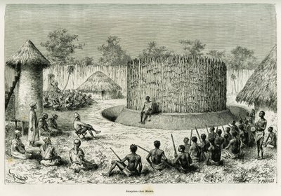 Recepção em Mkwewe, chefe da tribo, com o narrador. Gravura de Riou para ilustrar a história Les lacs de l