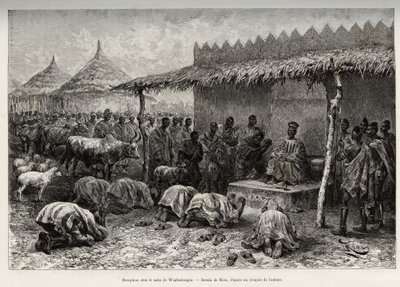Recepção na naba Sanem, do reino muçulmano (ou Mosse) de Waghadougou (Ouagadougou, Burkina Faso). Gravura de Riou, para ilustrar a história "From Niger to the Gulf of Guinee" do Capitão Louis Gustave Binger (1856-1936), em 1887-1889, em Le tou de Edouard Riou