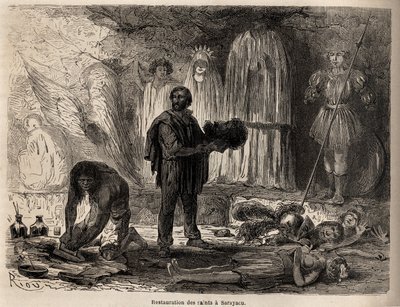 Restauração de estátuas de santos em Sarayacu (Peru), desenho de Riou, para ilustrar a viagem de Paul Marcoy do Oceano Pacífico para o Oceano Atlântico de 1848 a 1860. Gravura em "Le tour du monde", editado por Edouard Charton de Edouard Riou