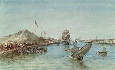 Envio no Canal de Suez, a partir de um álbum de lembranças comemorativo da Viagem da Imperatriz Eugenie (1826-1920) na inauguração em 1869 (wc no papel) de Edouard Riou