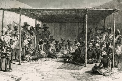 Assinatura do tratado que colocou o país de Kita (antigo Sudão francês, actual Mali) sob o protectorado da França em 25 de Abril de 1880 entre o Comandante Joseph Gallieni (1849-1916) e Tokontan Keita. Gravado por Riou, com base num esboço da au de Edouard Riou