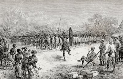 Sir Henry Morton Stanley assistindo a uma falange dançar pelos guerreiros de Mazamboni em Usiri, 1890 (gravura em madeira) de Edouard Riou