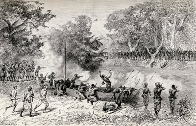 Expedição de Socorro de Emin Pasha, de Sir Henry Morton Stanley, sendo atacada por canibais de Avisibba usando flechas envenenadas, 1890 (gravura em madeira) de Edouard Riou