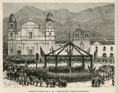A Catedral de Bogotá, na Praça Bolivar (Colômbia), durante a celebração anual da Independência (18 de dezembro), para esta ocasião, foi montado um efêmero quiosque para abrigar a orquestra da banda, desenhada por E.Riou, para ilustrar a viagem ao equinócio de Edouard Riou
