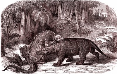 O Iguanodon e o Megalosaurus (gravura de Edouard Riou