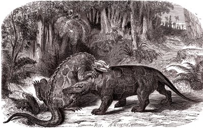 O Iguanodon e o Megalosaurus de Edouard Riou