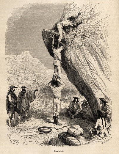 A subida dos picos dos Andes pela expedição Marcoy requer o meio mais acrobático: aqui, para subir um pitão rochoso, os índios sobem nos ombros uns dos outros para chegar ao cume, gravados por E.Riou ilustrando a viagem entre a serra, de Edouard Riou
