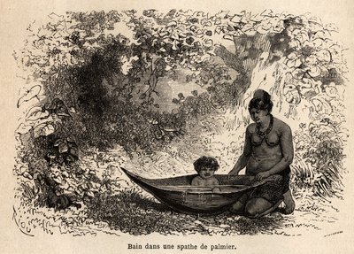 O banho da criança em uma folha de palmeira. Desenho de Riou, para ilustrar a viagem do Oceano Pacífico para o Oceano Atlântico de Edouard Riou