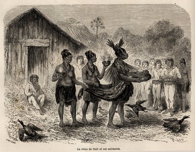 A celebração da festa de Natal em Sarayacu (Peru), a rainha de Natal leva o menino Jesus em uma cesta, e acompanhada por dois seguidores, ela apresenta a criança a todas as casas da aldeia, desenhada por Riou, para ilustrar a jornada de Paul Marcoy de Edouard Riou
