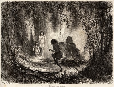 A cozinha da olaria dos índios Conibo do Peru, com a presença de uma velha mulher que canta e dança ao redor do fogo para evitar que espíritos malignos venham tocar e quebrar a olaria, desenhada por Riou para ilustrar a viagem, de 1848 a 1860, de de Edouard Riou