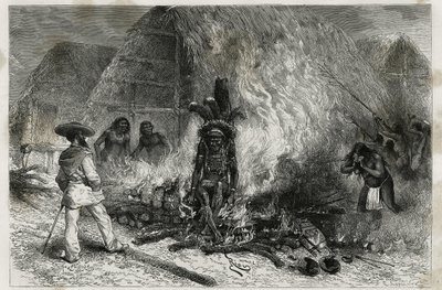 A cremação de um Roucouyenne (ou wayana), tribo que vive ao longo dos rios Mana e Maroni, de frente para o Bucher, Dr. Crevaux, gravada por Riou, para ilustrar a viagem de exploração no interior da Guiana pelo Dr. Jules Crevaux, médico da marinha francesa, de Edouard Riou
