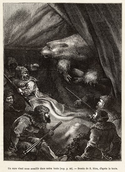 A tripulação do navio La Germania, descendo no gelo para uma caça, montou uma tenda para bivouac, que é visitada por um urso polar quando os homens foram apreendidos para se deitarem, gravando após o desenho de E.Riou, ilustrando uma viagem para o Pólo Nor de Edouard Riou
