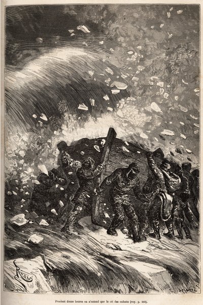 O barco da tripulação é apanhado numa terrível tentação, os homens sem cordas e garras seguram o barco à força dos braços, gravados após um desenho de E.Riou, ilustrando a história da Polaris, balsa de gelo, do Tenente Tyson, em 1870-1873, publicar de Edouard Riou