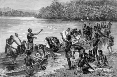 As diferentes atividades da tribo da aldeia de Adouma na África. Em "Journey in the West African" por Brazza de Edouard Riou