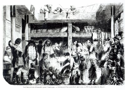 Véspera de partida para a América - emigrantes alemães que partem para os EUA na seção de pilotagem de um navio de cruzeiro americano no porto de Le Havre, c.1850 de Edouard Riou