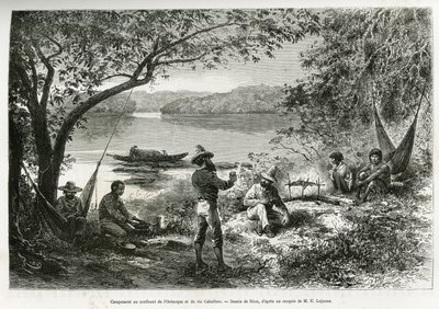 O acampamento dos exploradores, na confluência do Orenoque e do rio Cabullero. Gravura de Riou, para ilustrar a viagem de exploração por Nova Granada e Venezuela, do Dr. Crevaux, médico de primeira classe da marinha e E.Lejeanne, farmacêutico marinho. de Edouard Riou