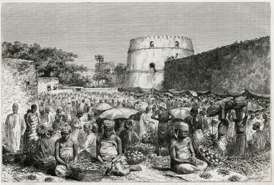 O mercado de frutas de Zanzibar (Tanzânia). Gravura de Riou, para ilustrar a história "Journey to the Benadir, the Omalis and the Bayoun", em 1882- 1883, de M.G.Revoil. Publicado na revista Le Tour du monde, nouveau journal des voyages. de Edouard Riou