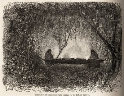 A fabricação de uma canoa, evacuada pelo fogo, pelos índios Conibo do Peru, desenhada por Riou para ilustrar a viagem, de 1848 a 1860, de P. Marcoy, do Oceano Pacífico para o Oceano Atlântico. Gravura em "Le tour du monde", editado por Edouard Cha de Edouard Riou