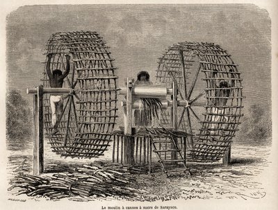 O moinho para moer cana de açúcar de Sarayacu (Peru), desenhado por Riou, para ilustrar a viagem de Paul Marcoy do Oceano Pacífico ao Oceano Atlântico de 1848 a 1860. Gravura em "Le tour du monde", editado por Edouard Charton de Edouard Riou