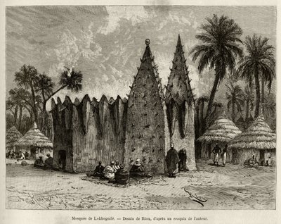 A mesquita de Lokhognile (Golfo de Guinee). Gravado por Riou, para ilustrar a história "From Niger to the Gulf of Guinee" do Capitão Louis Gustave Binger (1856-1936), em 1887-1889, em Le tour du monde, nouveau journal des voyages, sob a direcção de de Edouard Riou