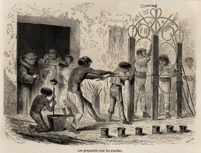 A preparação de fogos de artifício em Sarayacu (Peru), desenho de Riou, para ilustrar a viagem de Paul Marcoy do Oceano Pacífico para o Oceano Atlântico de 1848 a 1860. Gravura em "Le tour du monde", editado por Edouard Charton de Edouard Riou