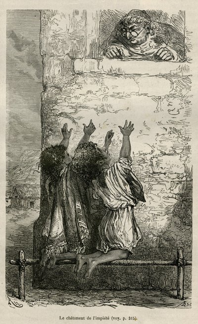 O castigo do impetuoso, duas crianças estão ajoelhadas num poste colocado em cavilhas e assistidas no seu tormento pela paróquia da aldeia, desenhada por E.Riou, para ilustrar a viagem na região de Titicaca e nos vales do leste do Baixo Peru, i de Edouard Riou