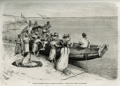 O início dos pesquisadores da borracha, nas proximidades de Tabatinga (região do alto Amazonas). Gravura de Riou, para ilustrar a história de Cayenne aux Andes, de Jules Crevaux, médico da marinha francesa, em 1878-1879, publicada no Tour du monde, sob a d de Edouard Riou
