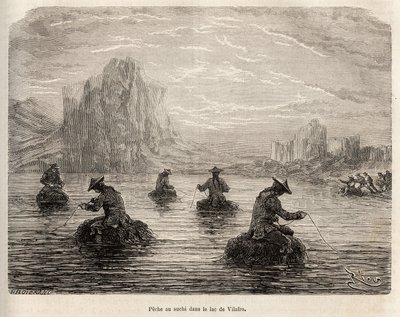 A pesca do suchi (pequeno peixe marrom das espécies de peixes-gato) no lago de Villafro, perto da aldeia de Cailloma, os índios um califourchon em fardos de capim atraem peixes com vilarejos de carne, gravados por E.Riou ilustrando a viagem nas montanhas, de Edouard Riou