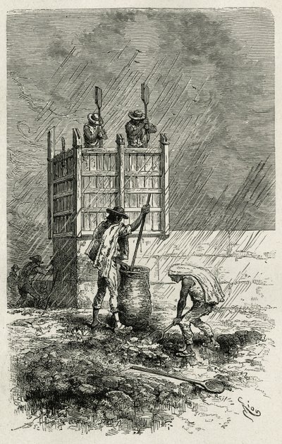 O tapial, uma técnica antiga de construção de paredes de barro usando uma cofragem de madeira, compacta por encravamento e seca pelo sol, gravada por Riou, para ilustrar a história L