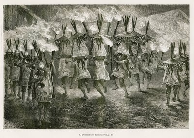 A lanterna caminha pelas ruas de San José, desenhada por E.Riou, para ilustrar a viagem na região de Titicaca e nos vales do leste do Baixo Peru, em 1873 por Paul Marcoy. Gravura em Le tour du monde de Edouard Riou